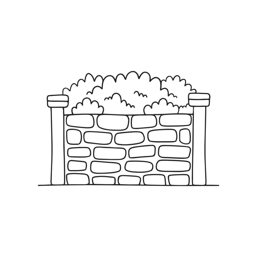 Doodle of a low stone garden wall surrounded by bushes vector