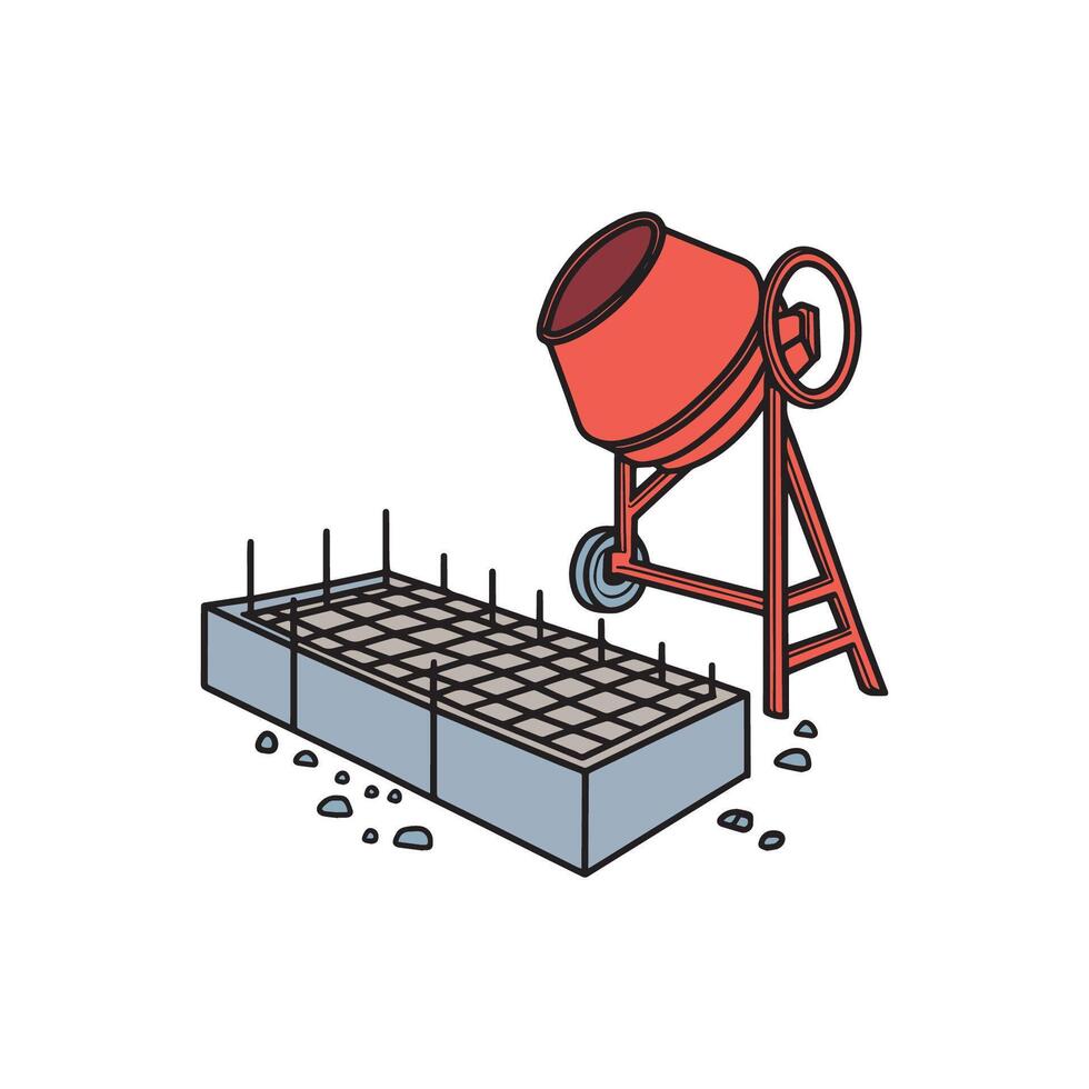 Illustration of a concrete base foundation with embedded rebar and nearby cement mixer vector