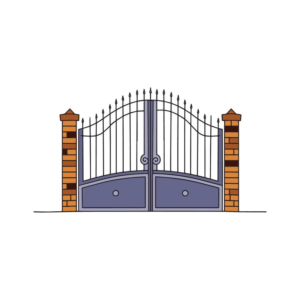 Illustration of a decorative wrought iron gate with curved elements in sketch vector