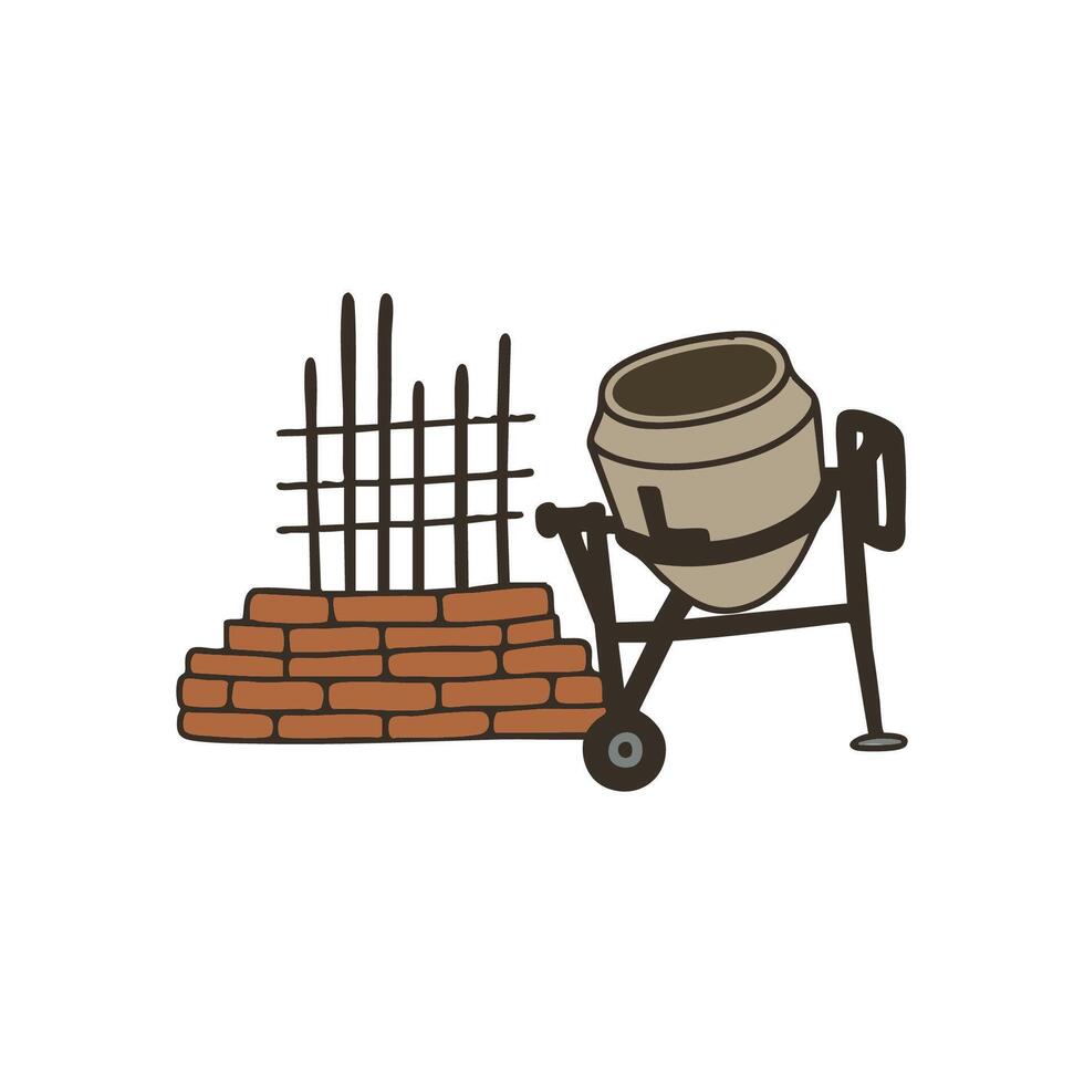 Illustration of a house foundation showing rebar grid and cement machine vector