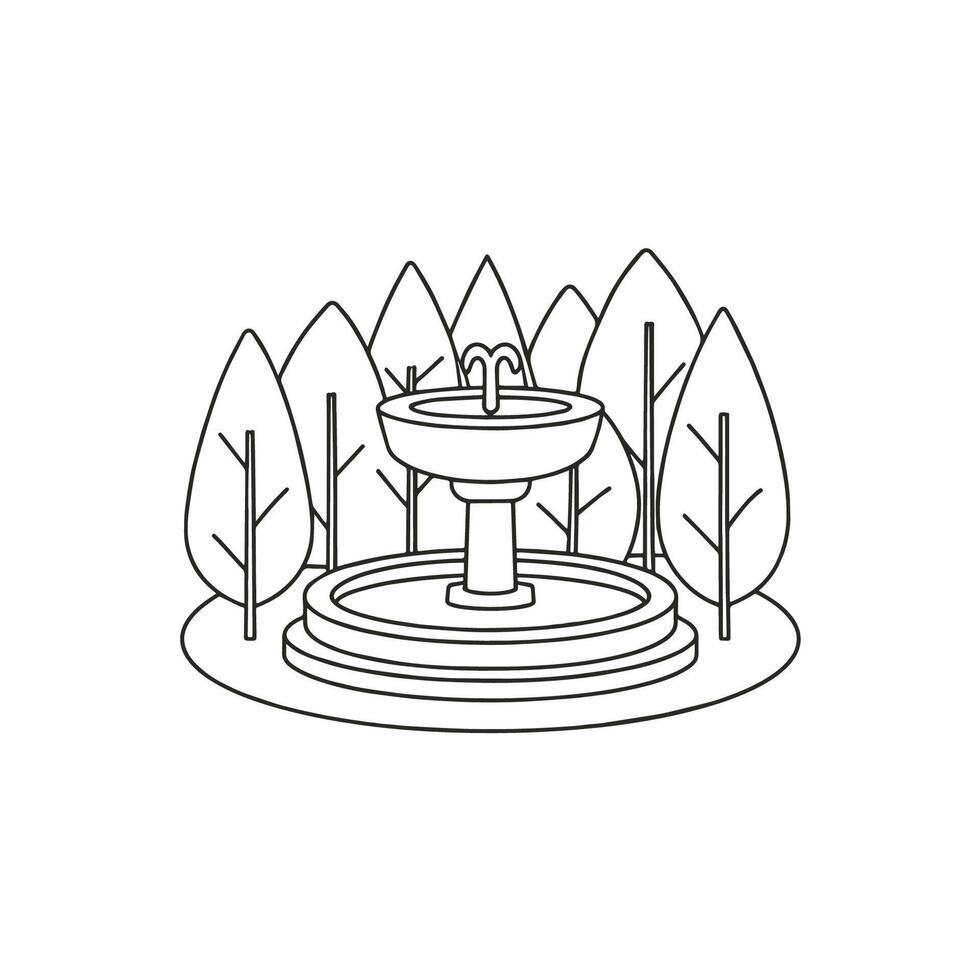 Doodle of a stone fountain encircled by leafy trees vector