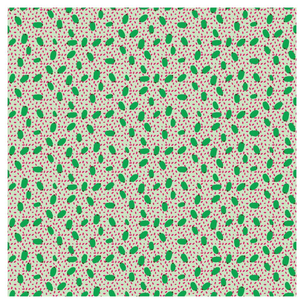 A decorative repeat pattern of green leaves with red cherry color dot texture on a white background, creating a fresh and natural aesthetic surface design vector