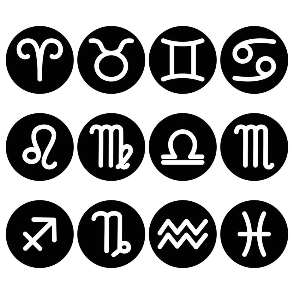 set of 12 zodiac signs icons in white and black circles. vector