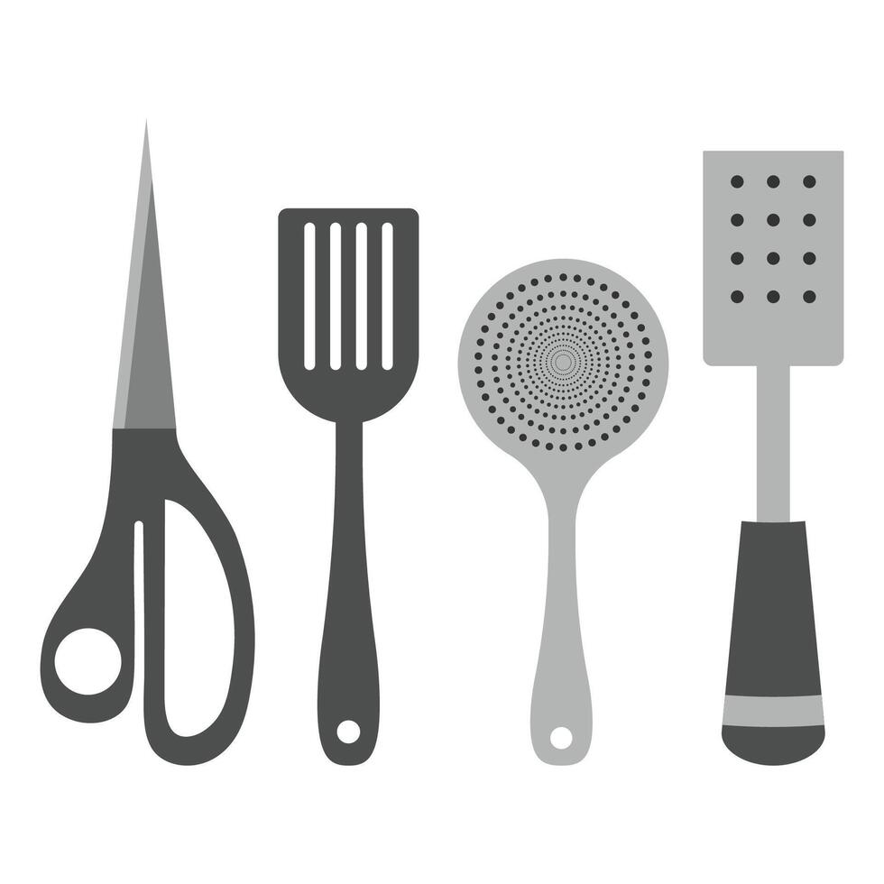 illustration of a set of kitchen utensils, scissors, ladle, kitchen spatula in a flat style. vector