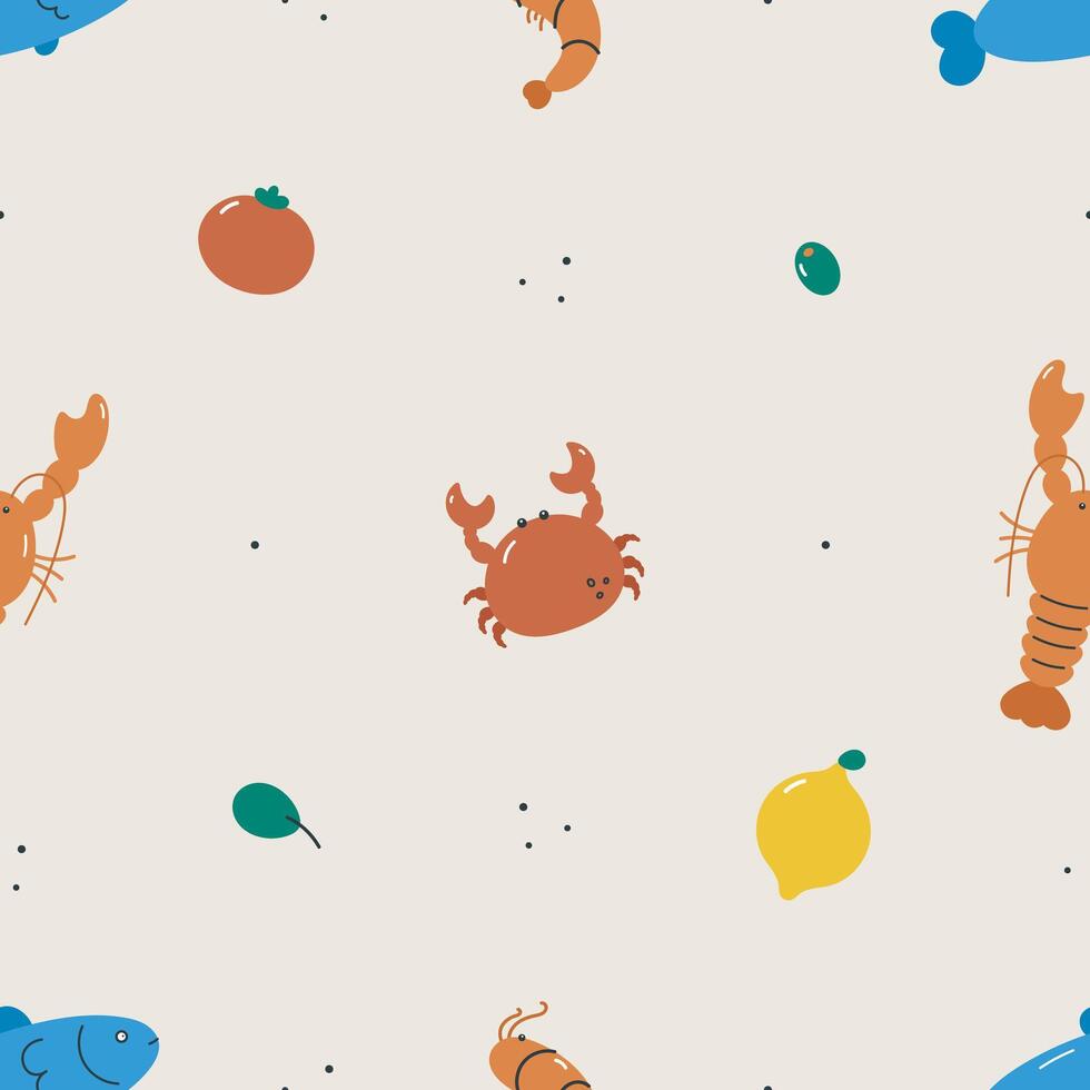 Sea food seamless pattern with lobster, crab, shrimp, fish. For design, fabric, wrapping, cards, textile, wallpaper, apparel. Isolated cartoon illustration in flat style. vector