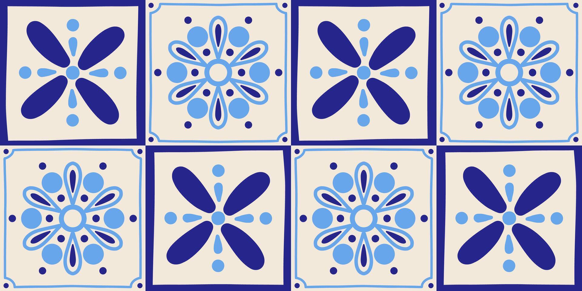 Seamless azulejos ceramic design tiles pattern. Hand drawn traditional blue floral and geometric background vector