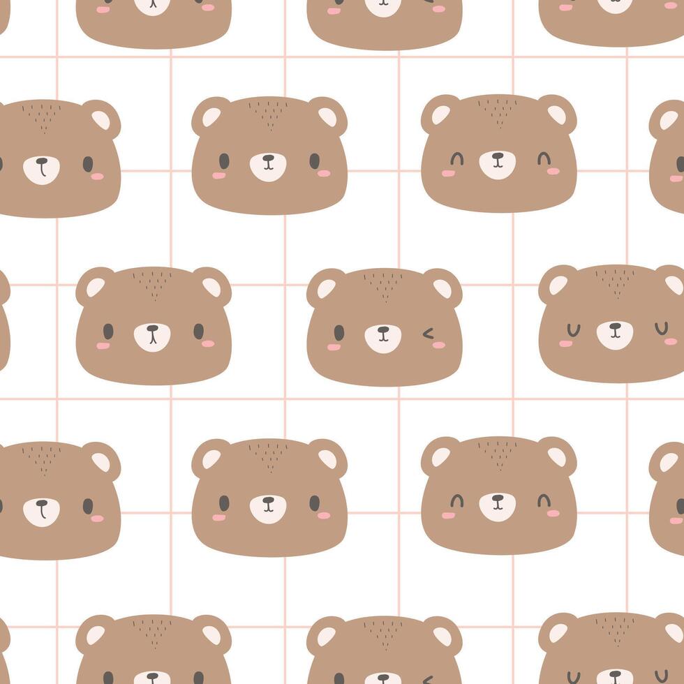 Seamless pattern with cute cartoon bear face on white background with grid, Childish pattern for kids, Bear cartoon fabric pattern vector