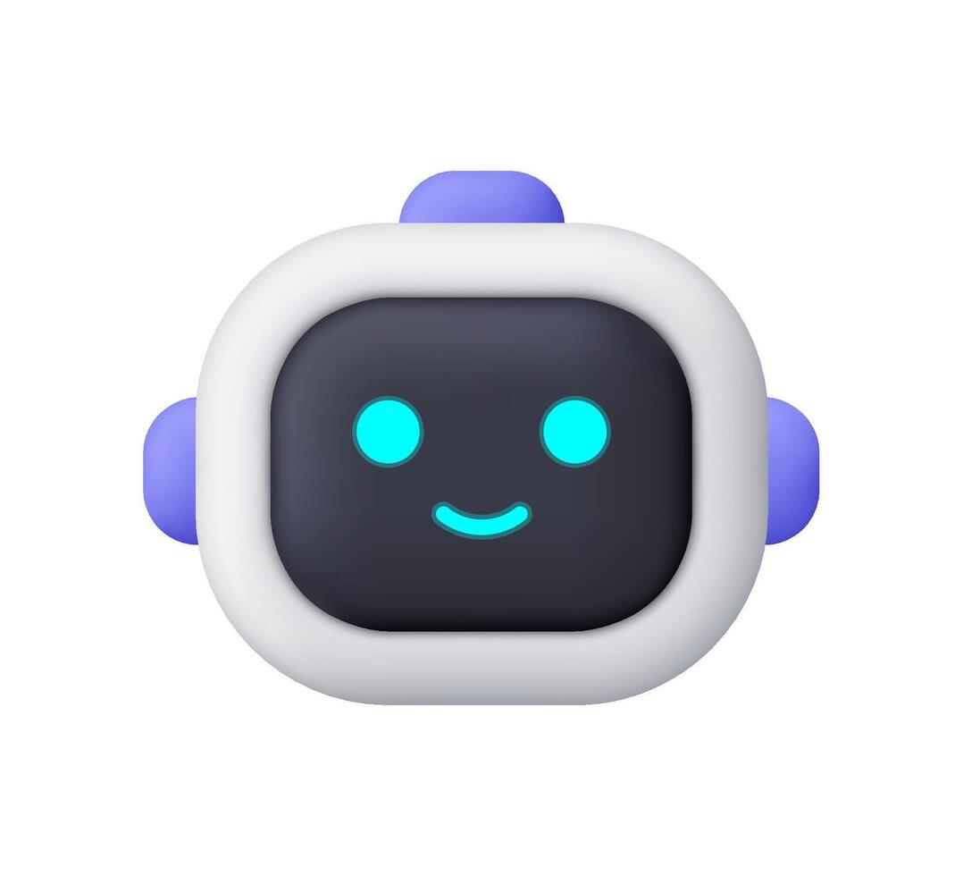 Cute smiling robot face with glowing cyan eyes and mouth. AI, chatbot, technology and robotics concept. 3d icon. Cartoon minimal style. vector