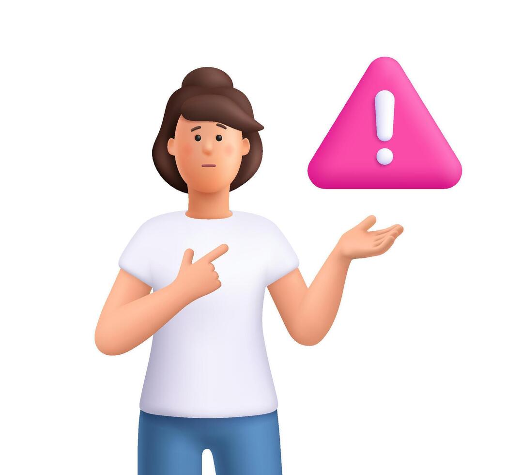 Concerned woman Jane pointing to a pink warning sign, triangle with an exclamation mark. Caution, alert, warning and attention concept. 3d people character. Cartoon minimal style. vector