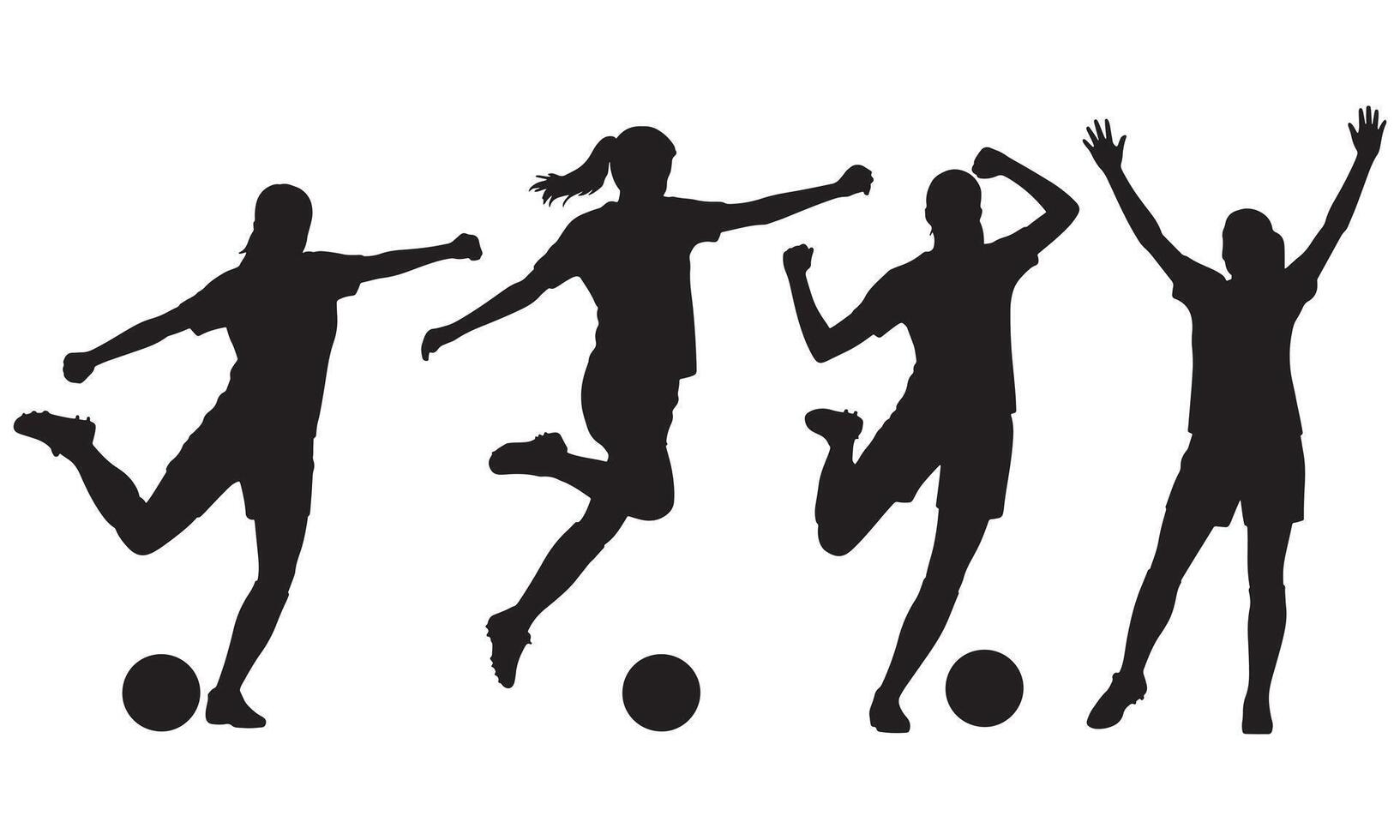 Four female soccer players in action silhouettes with soccer balls football woman vector