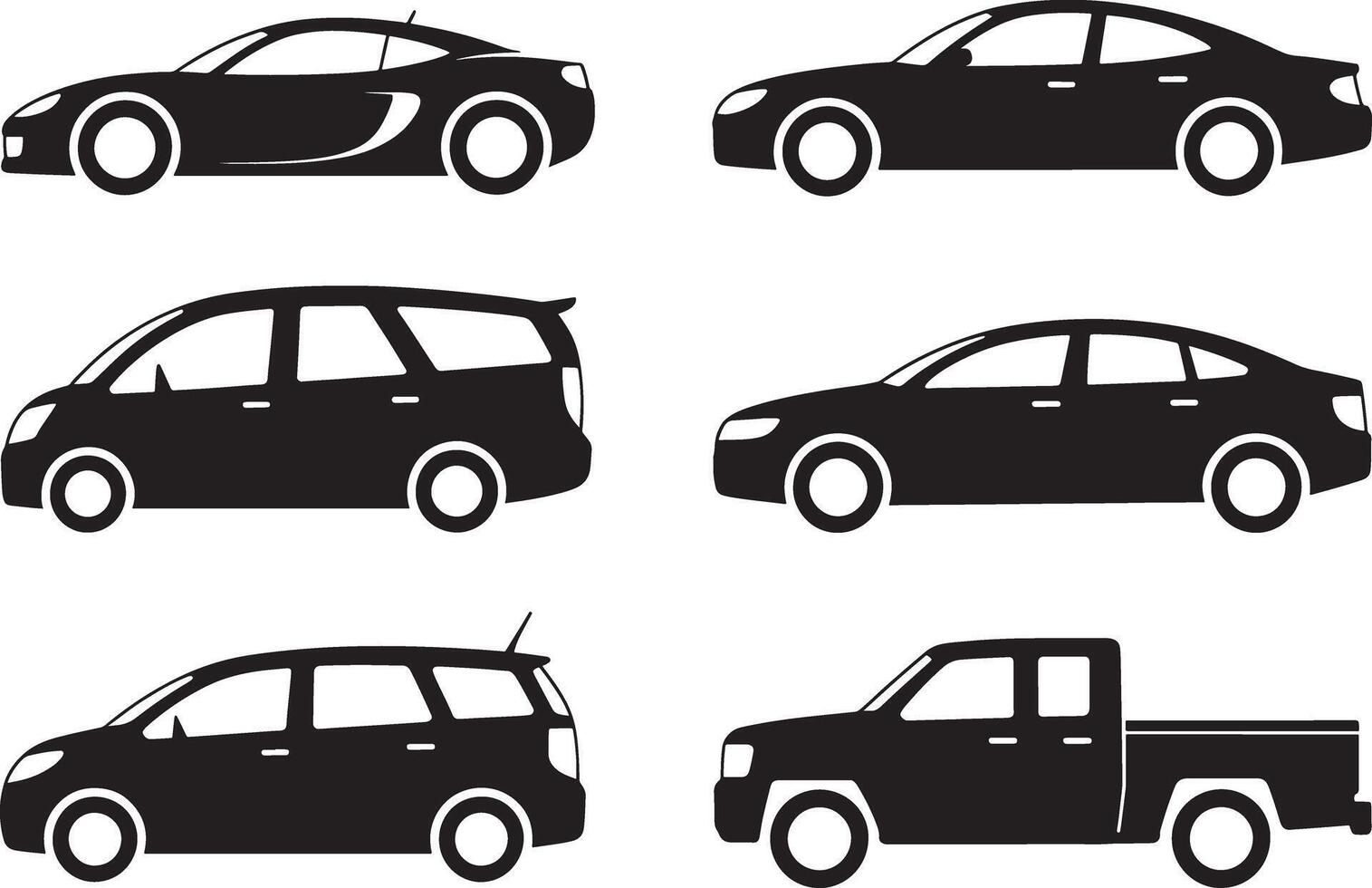 Six black car silhouettes including sedan S U V and pickup truck automobile vehicle vector