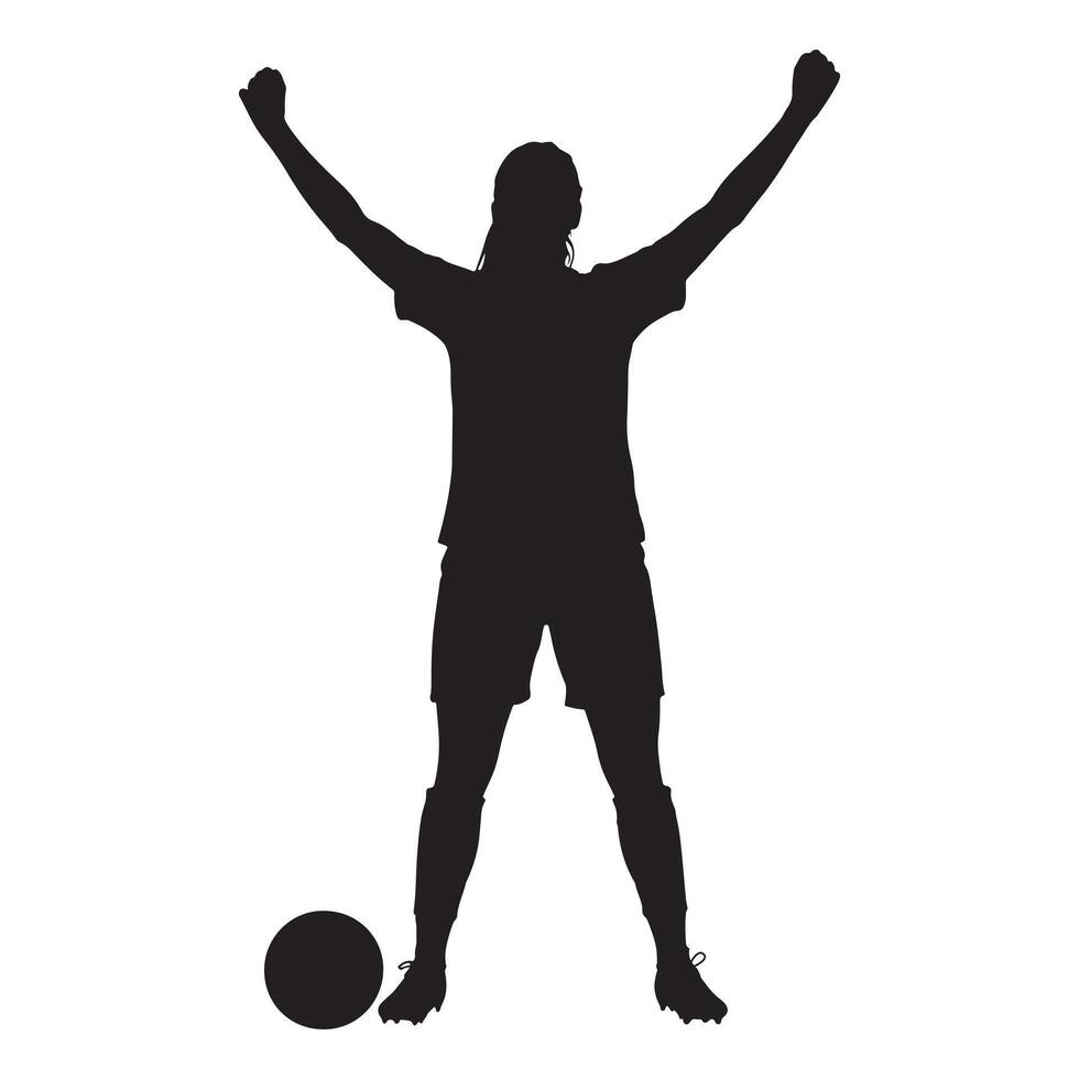 Silhouette of a female soccer player celebrating with arms raised football woman vector