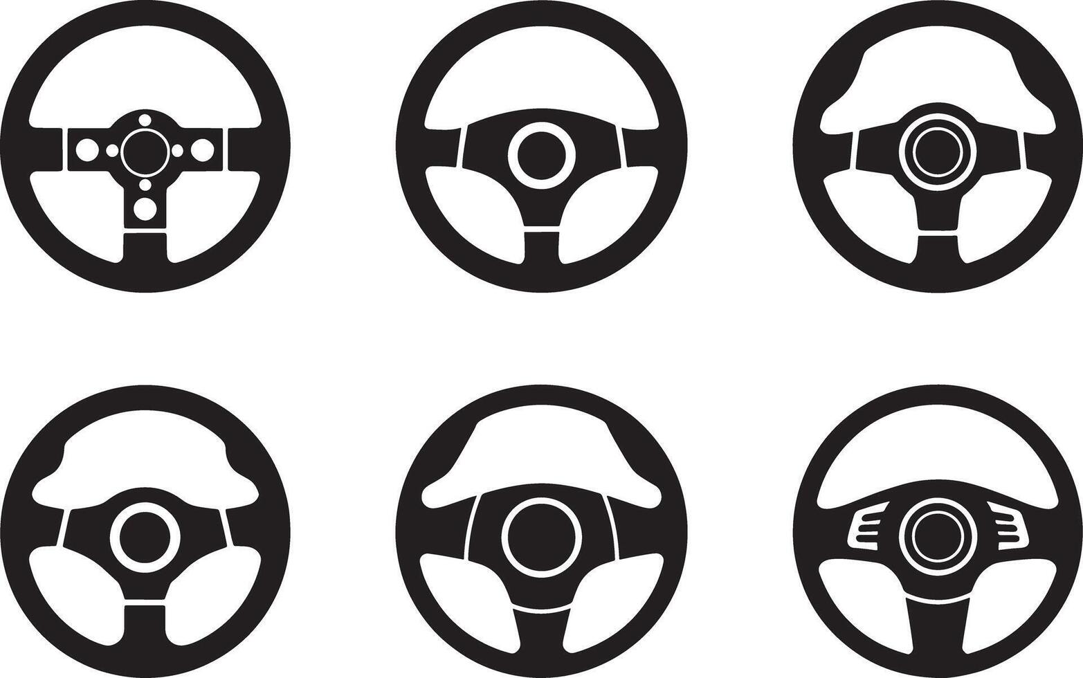 Six black and white steering wheel icons in a grid automobile driving vector