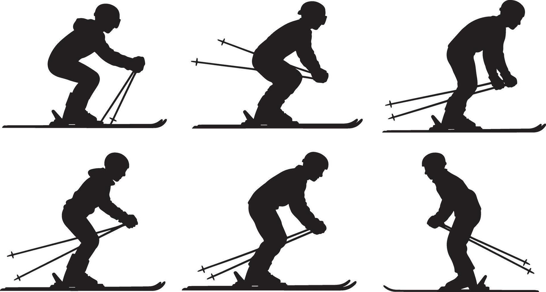 Six black silhouette skiers in various poses on white background skiing winter sport vector