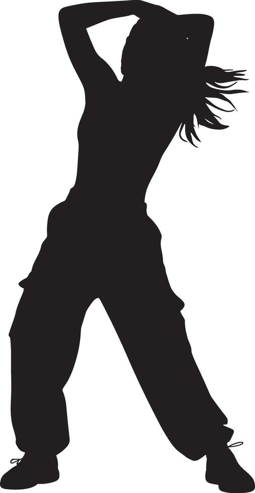Black silhouette of a woman dancing with arms raised and hair flowing female dancer vector