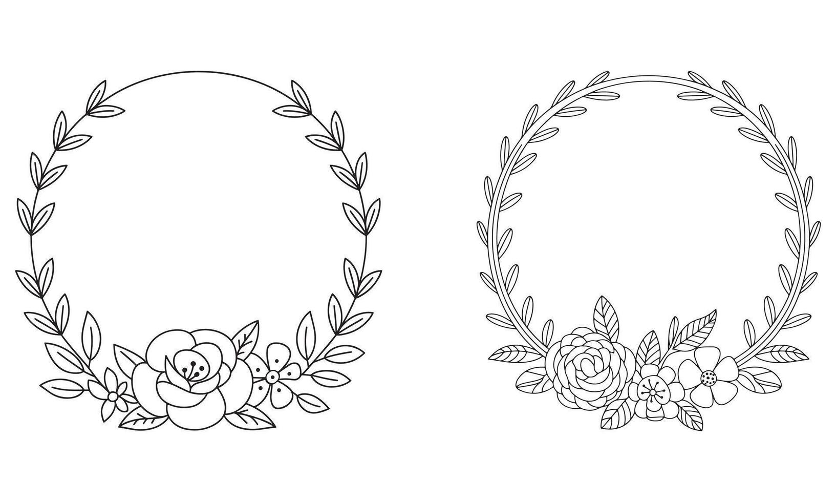 Two black and white floral wreaths with leaves and flowers outline illustration vector