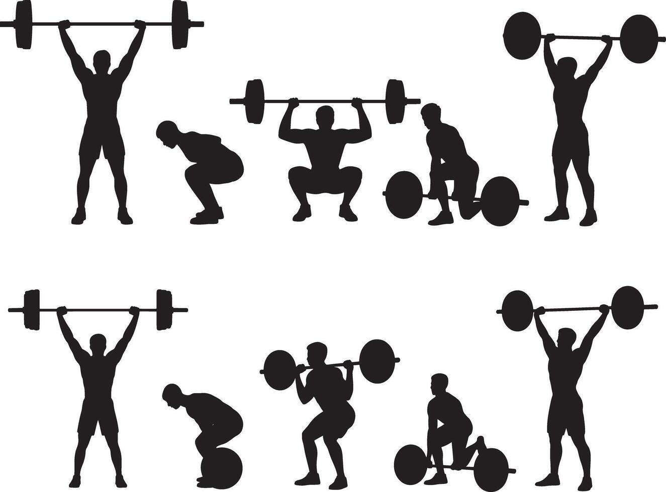 Silhouettes of men performing weightlifting exercises with barbells strength training vector