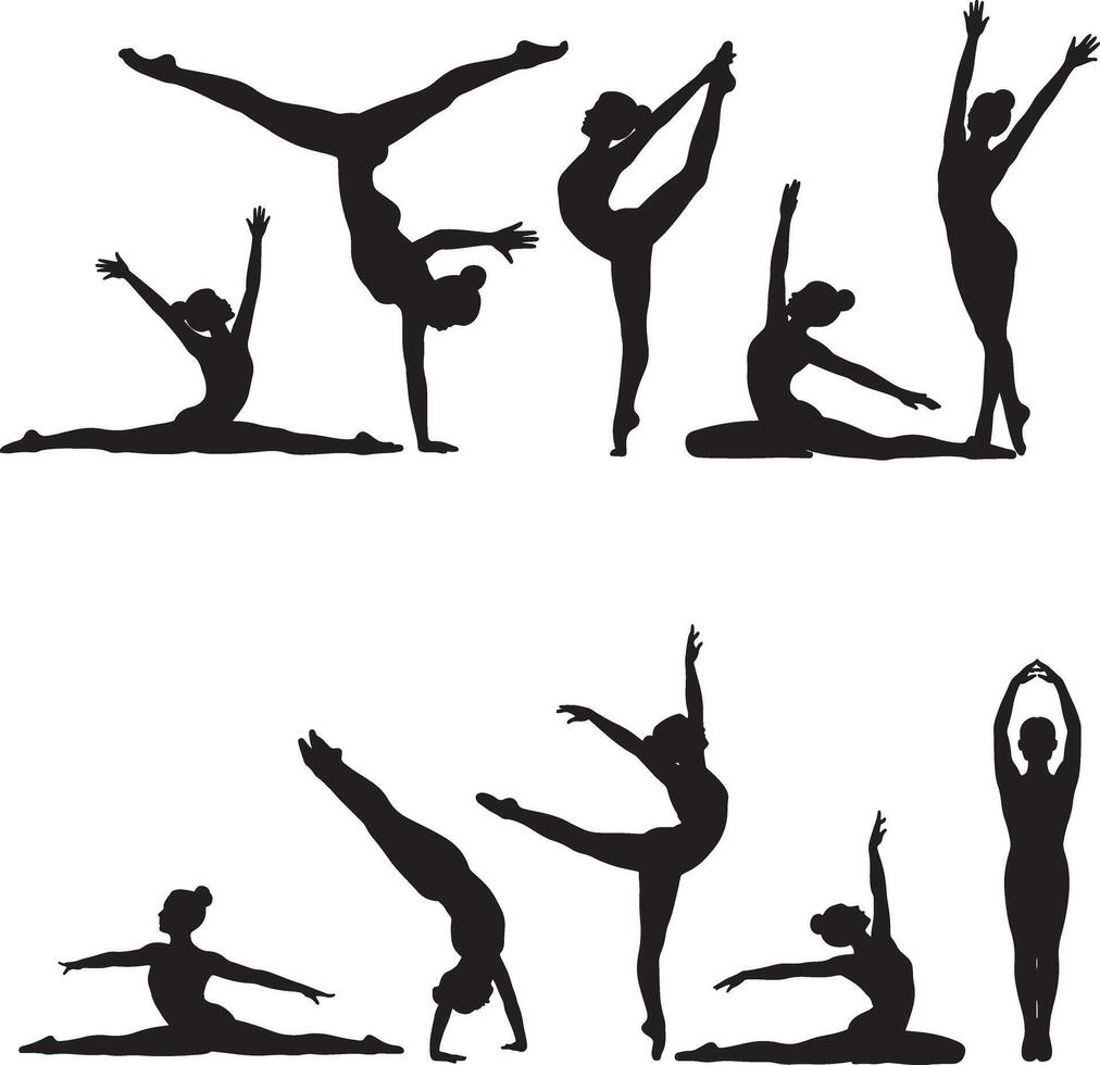 Black silhouettes of women performing various ballet and gymnastic poses gymnastics vector