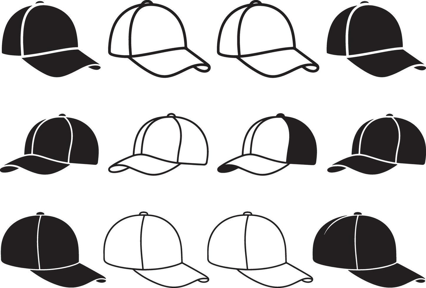 Twelve baseball caps in black silhouette and outline styles headwear sports hat vector