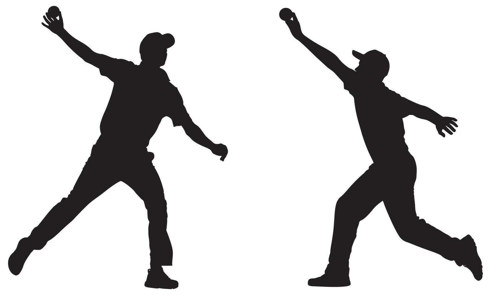 Two black silhouettes of men throwing baseballs on white background pitcher sport vector