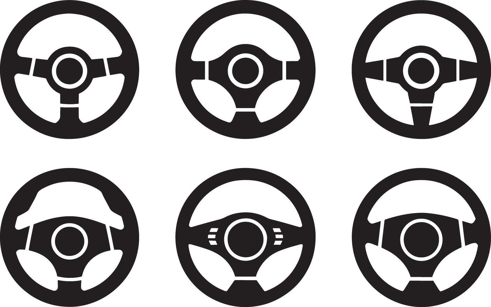 Six black car steering wheel icons on white background automobile vehicle vector