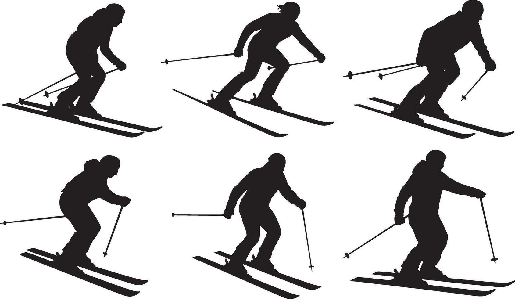 Six black silhouettes of skiers in motion on white background skiing winter sport vector