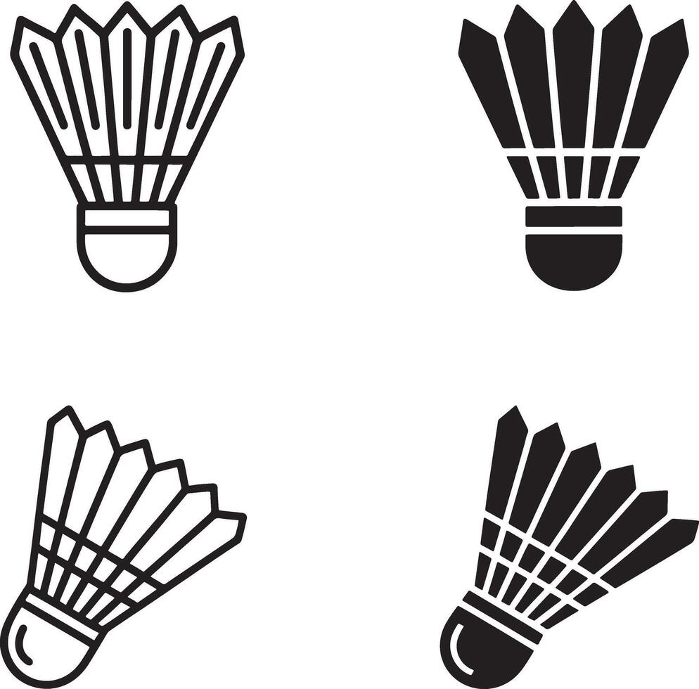 Four Badminton Shuttlecock Icons Black and White Line Art and Solid Fill sport game vector