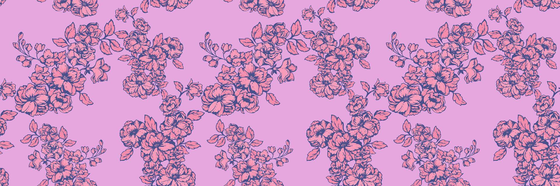 Colorful seamless floral pattern featuring delicate flower clusters with fine details on a vibrant pink background. Perfect for textile design, fashion prints, wallpapers, and elegant decor projects. vector