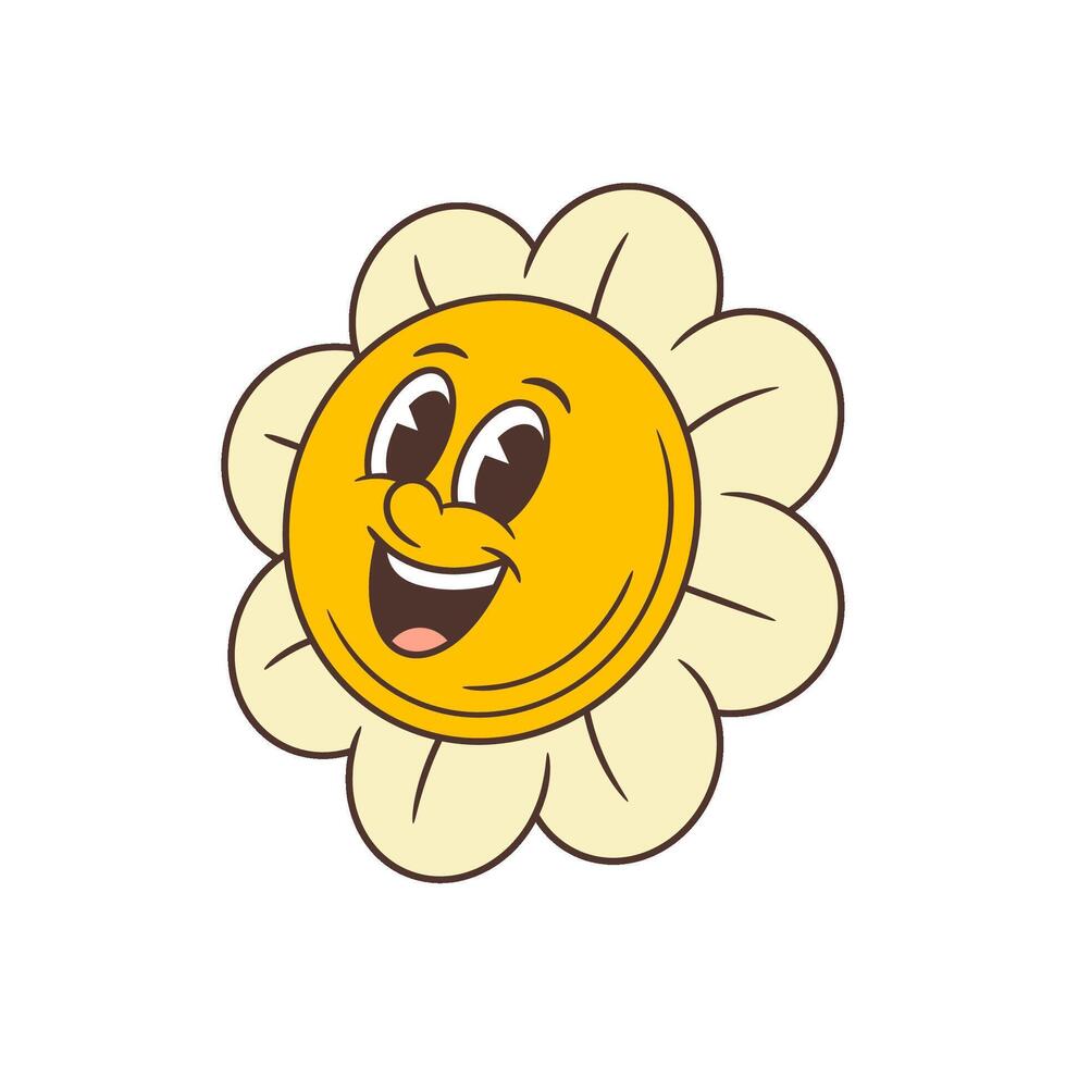 Friendly And Warm Retro Flower Mascot With Big Smile And Welcoming Pose Illustration vector