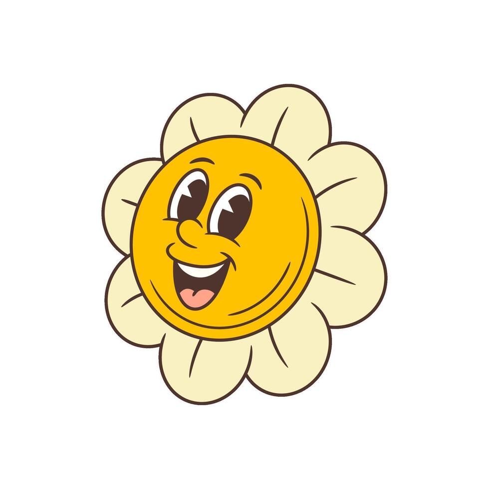 Energetic Retro Flower Character With Bright Smile And Sparkling Eyes Radiating Enthusiasm Illustration vector