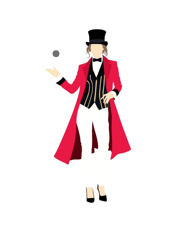 Magician with juggling ball with top hat and red coat vector