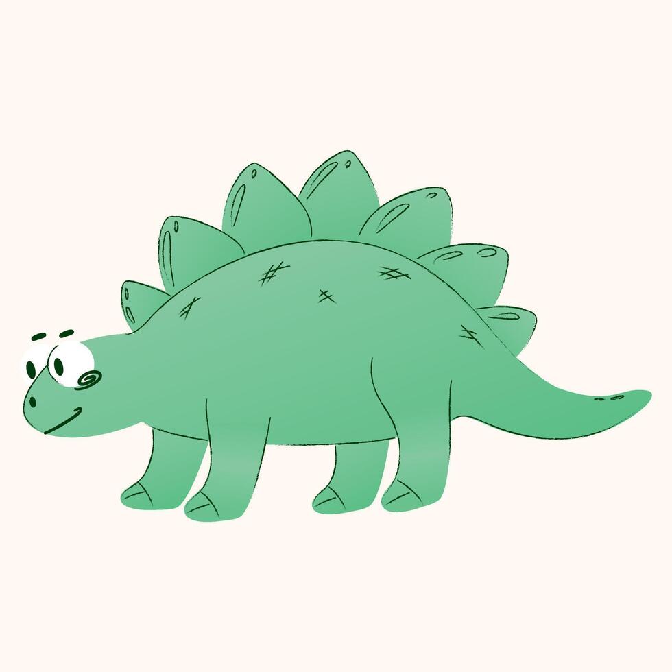 A cartoon stegosaurus with a green body and spiky back. The dinosaur has a friendly expression and small eyes. It stands on a light background. vector
