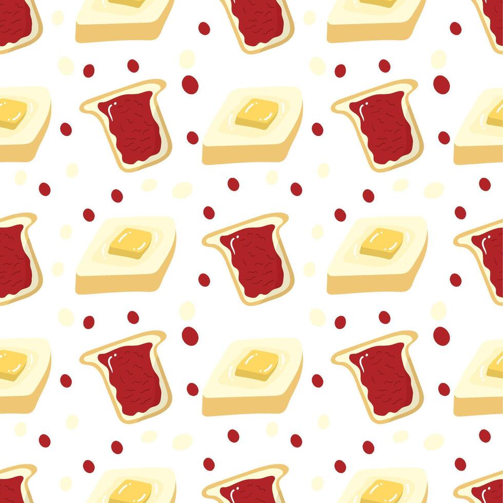 Bread with strawberry jam and butter on a white background. Food seamless pattern for clothing, fabric, wallpaper, backdrop, home decoration, cover book, and wall art. vector