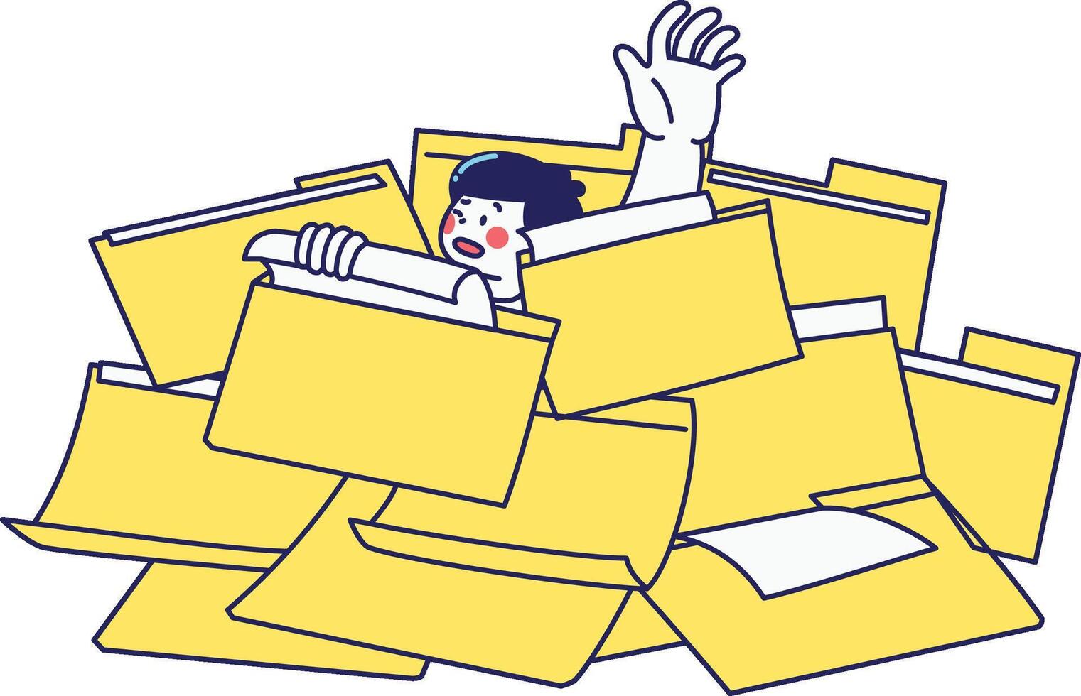 A character overwhelmed by digital folders ideal for file management, overload warnings, or cluttered system visuals. vector