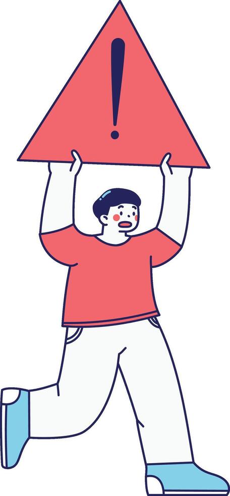 A cartoon figure holding up a red alert triangle ideal for system warnings, UI notifications, or urgent messages. vector