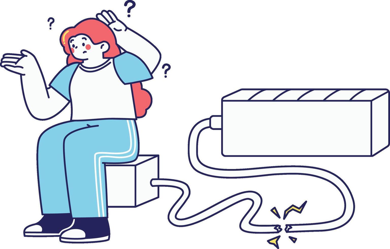 Person sitting confused with unplugged connection perfect for UI error signals or connection issues. vector