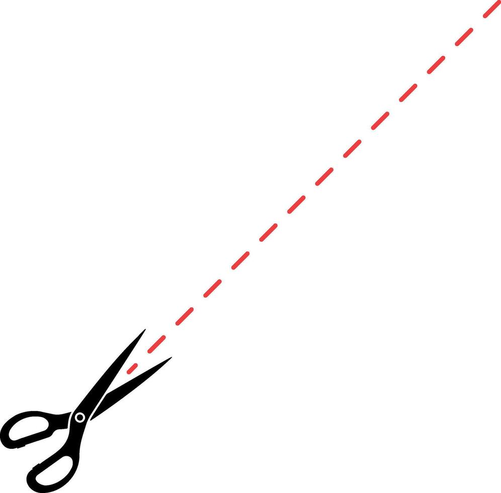 Black icon of open scissors with a dashed red line showing cutting direction, without background vector