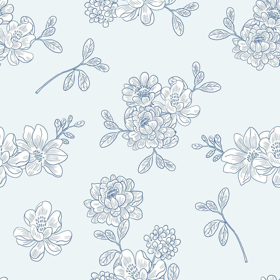 Hand Drawn Rose and Hydrangea Seamless Pattern vector