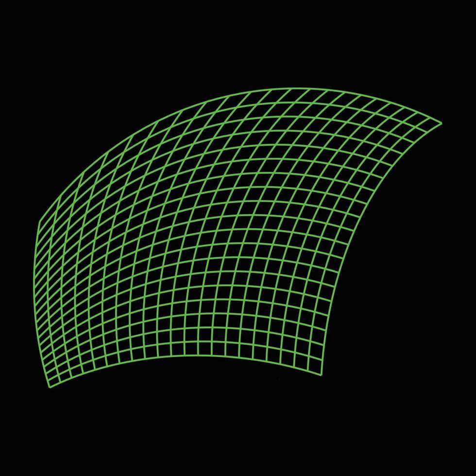 A 3D-style digital green wireframe grid bending into a quarter-circle shape on a black background, ideal for tech and digital art themes vector
