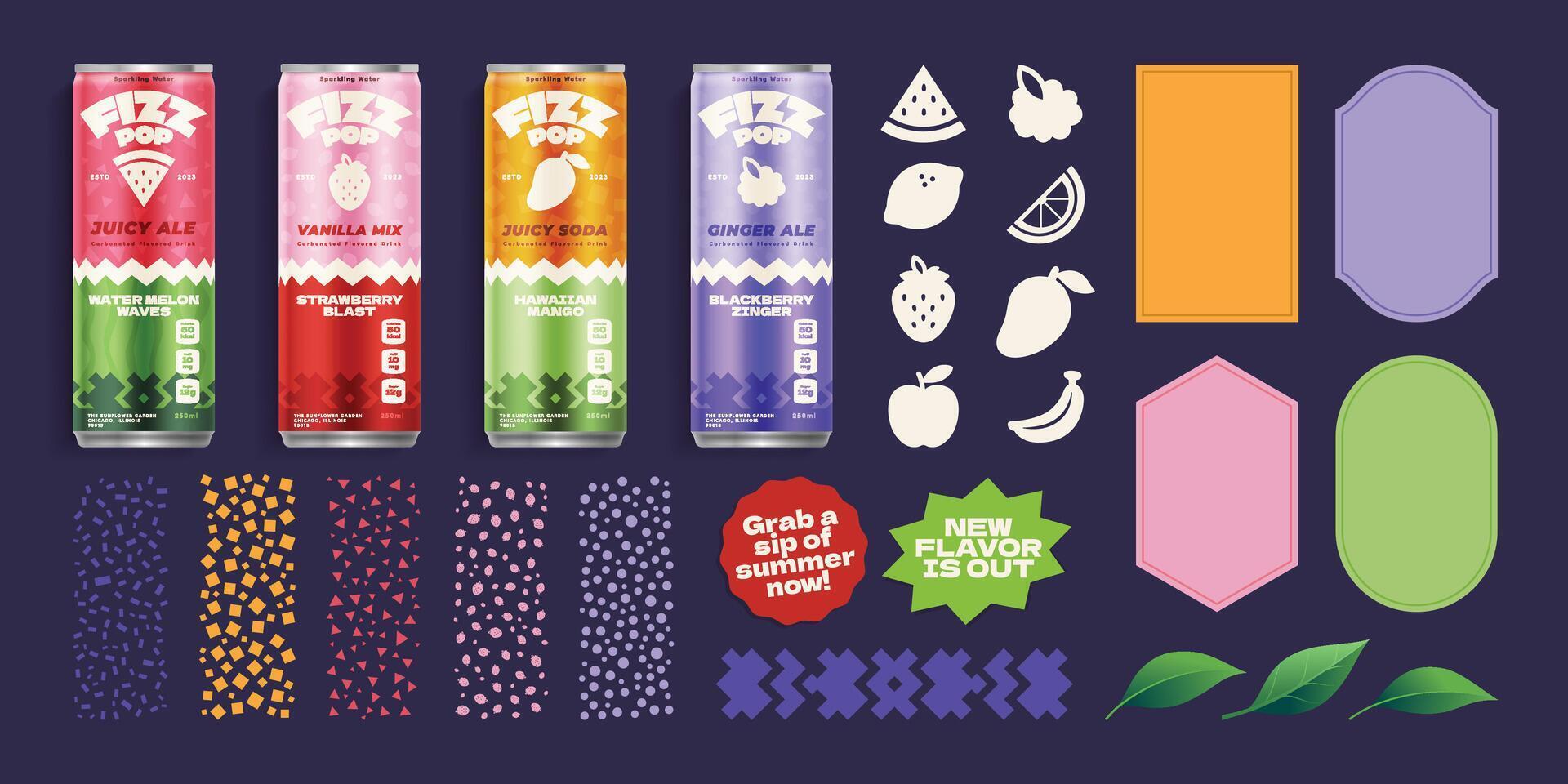 Summer drinks in vibrant cans vector