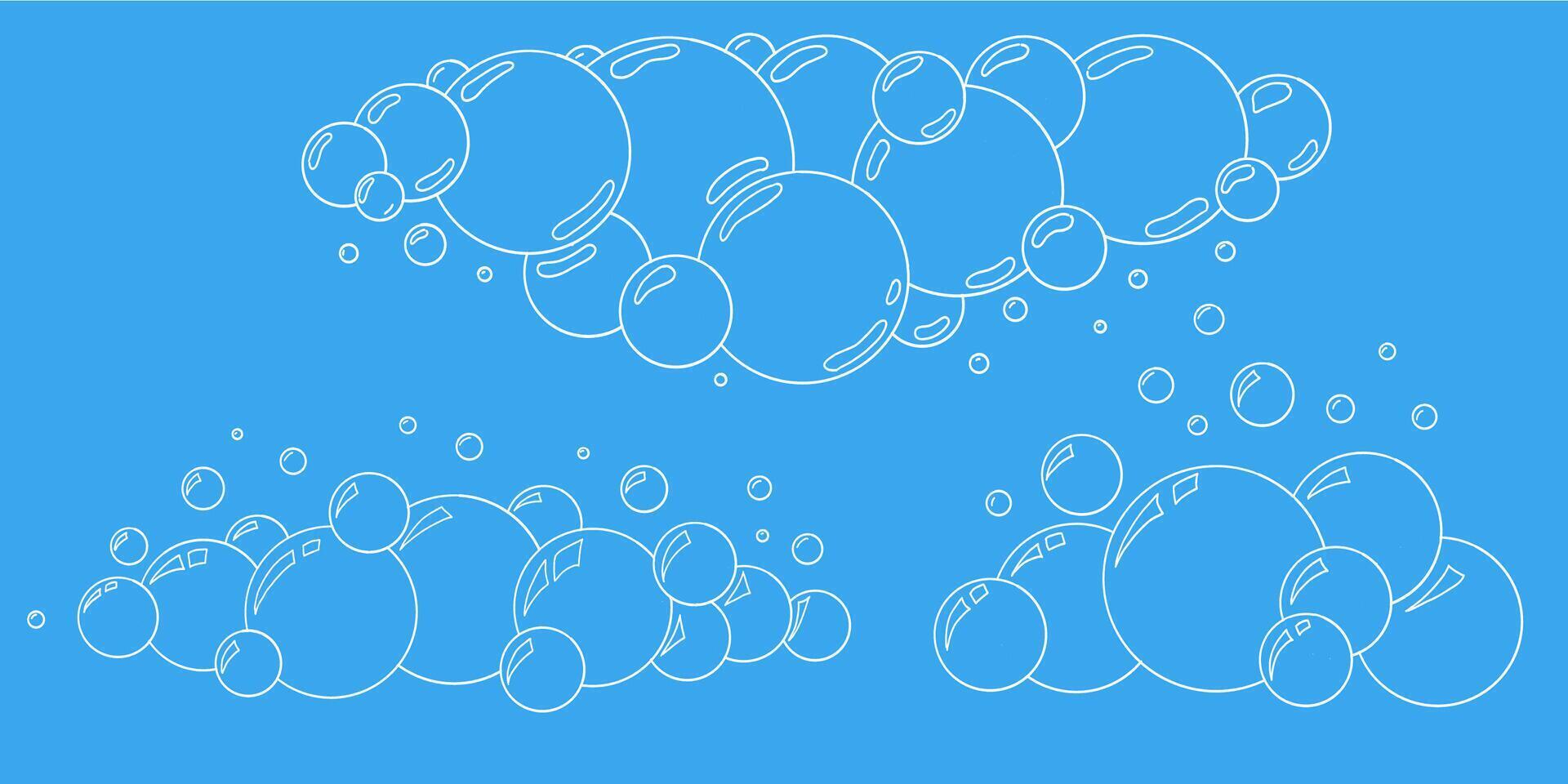 Set of cartoon style bubbles. Hand drawn soap bubbles with sparkles on blue background. Water and soda clean effect. Outline sketch illustration for freshness and hygiene concepts. vector