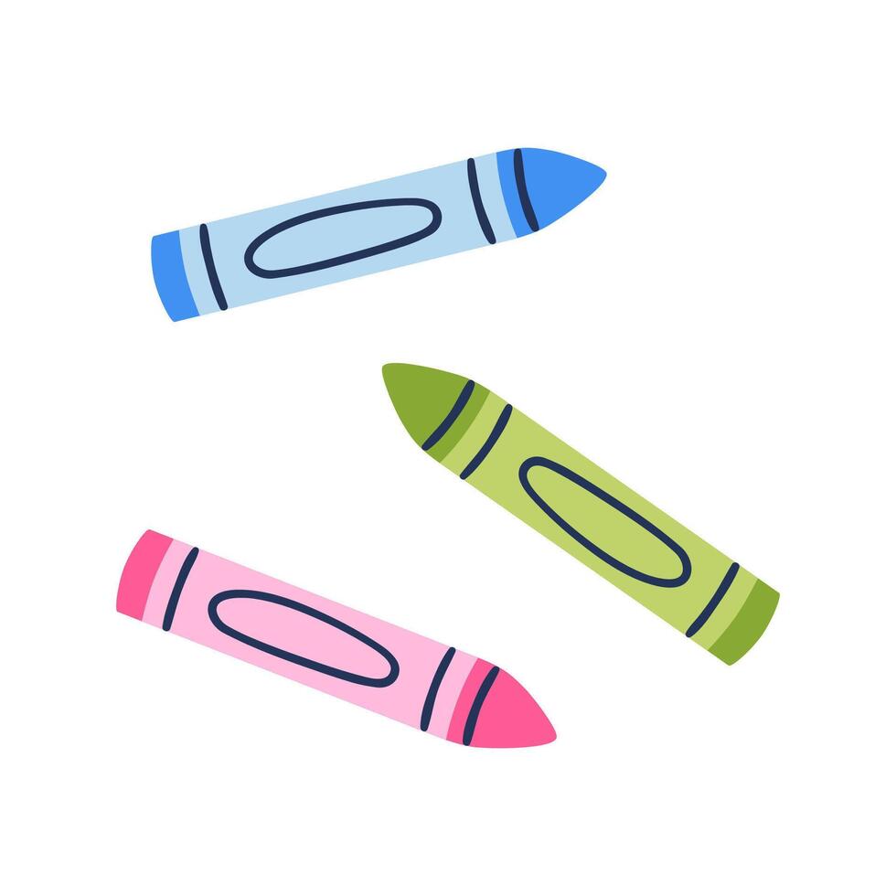 Set of three vibrant wax crayons in blue, green, and pink on white background. Hand drawn illustration. vector