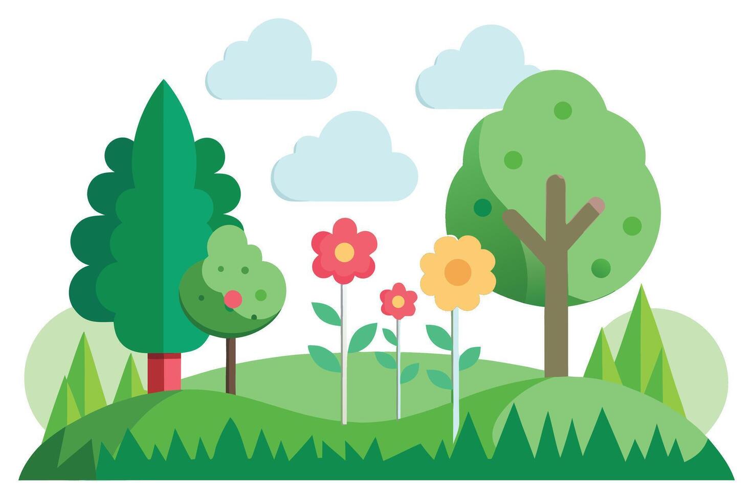 Green trees and red yellow flowers under blue clouds nature vector