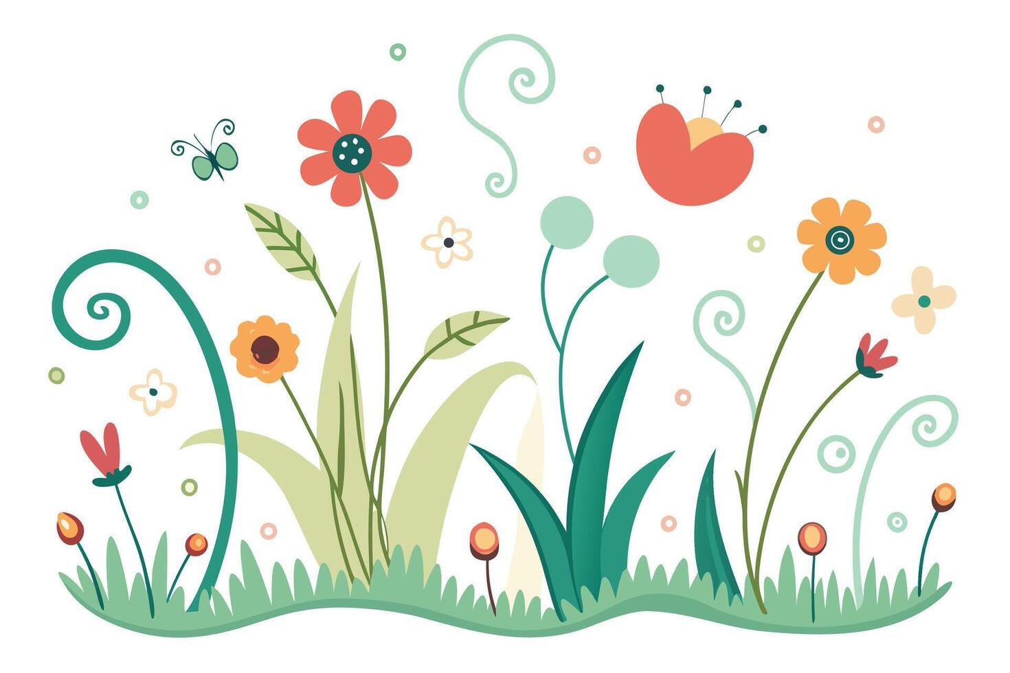 Whimsical Garden With Flowers And Butterfly nature spring vector