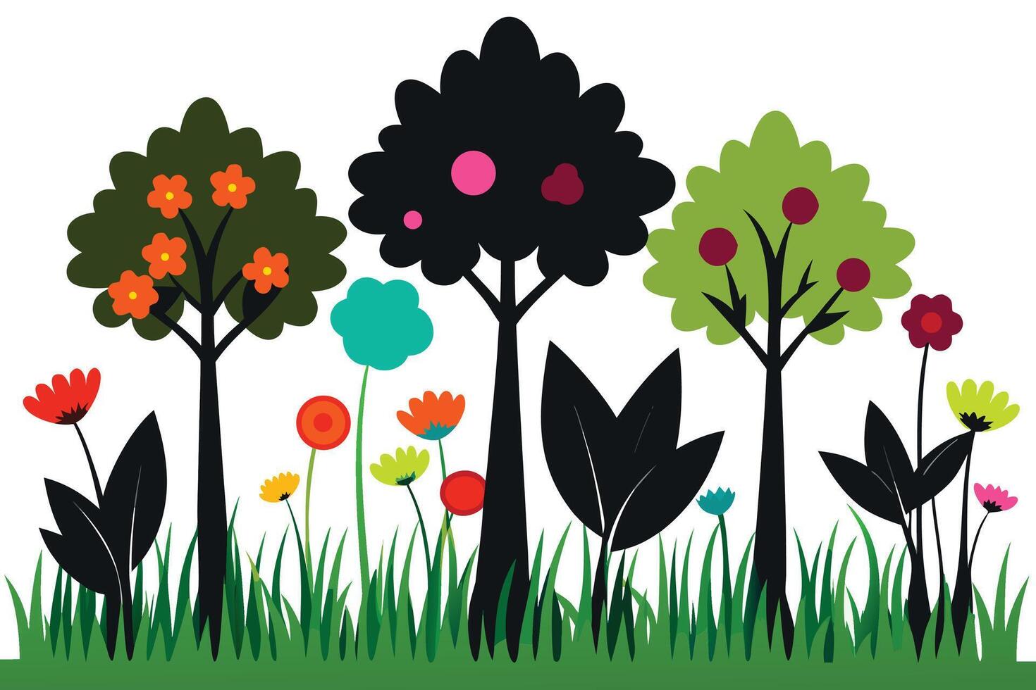 Stylized trees and flowers in a meadow grass green vector