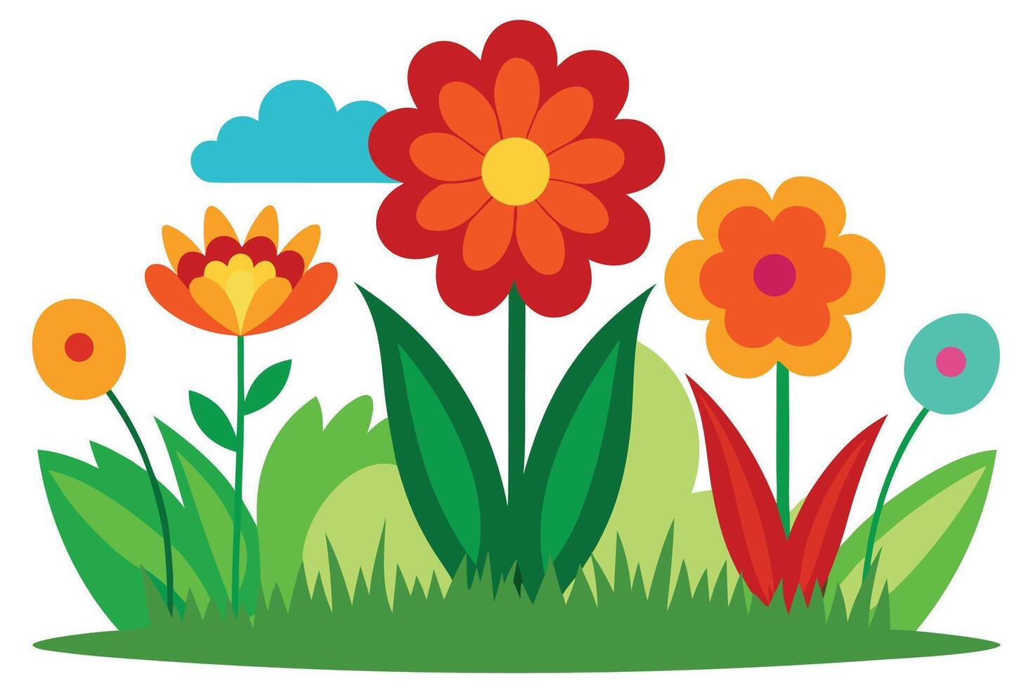 Colorful flowers and green grass with a blue cloud nature spring vector