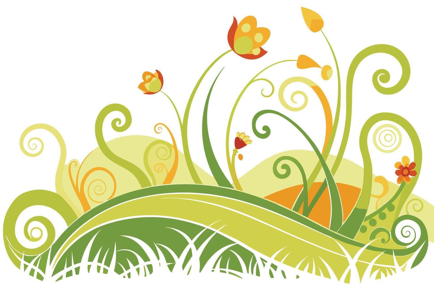 Stylized floral landscape with swirling vines and grass nature green vector