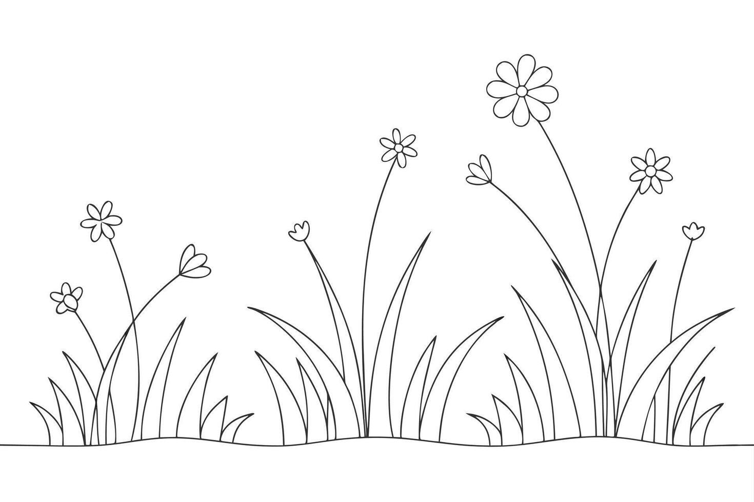 Delicate flowers and grass outline black and white nature vector