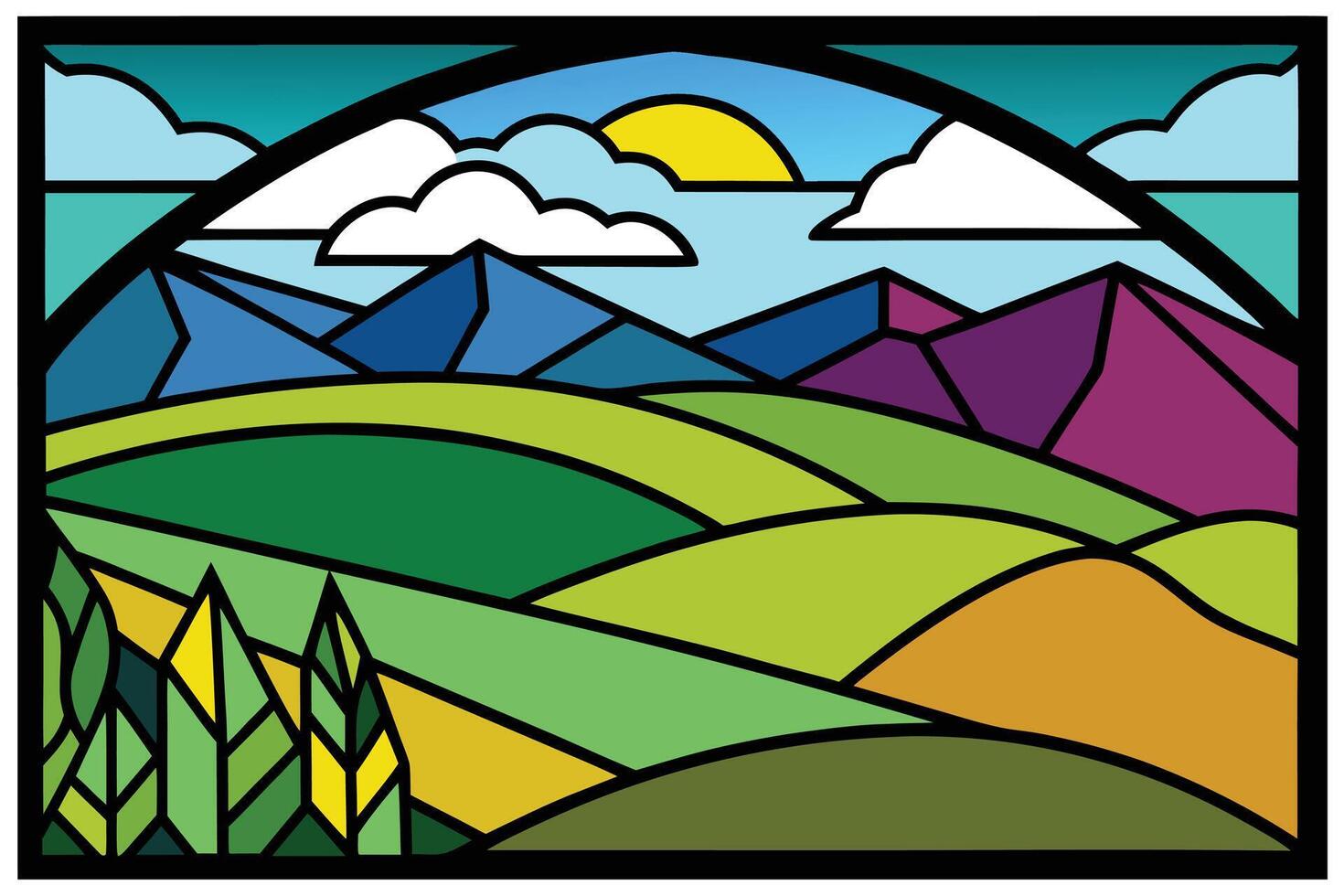 Stylized mountain landscape with rolling hills and trees mountains vector