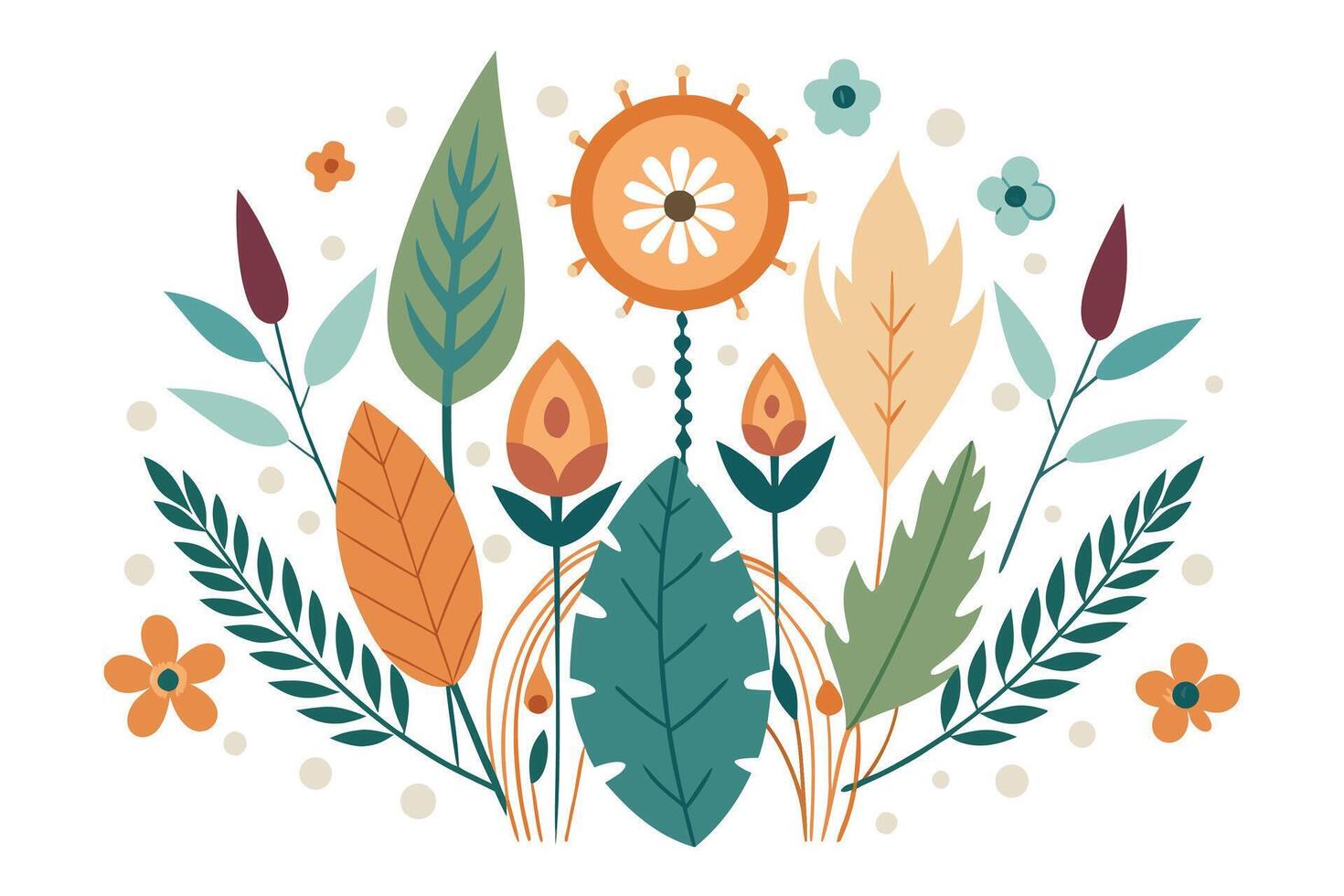 Floral arrangement with orange and teal leaves and flowers vector